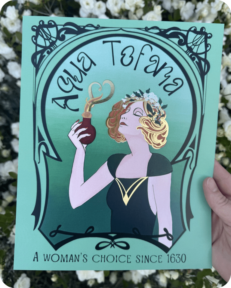 A woman with a crown of flowers holds a smoking vial of poison. She is wearing a dark green dress and looking upward. The design is in an art nouveau style, with black filigree on a green background. The text reads like an advertisement from the 1920s: "Aqua Tofana, a woman's choice since 1630."